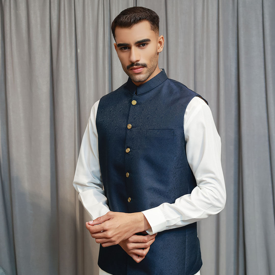 Classic Jamawar Blue Traditonal Waistcoat