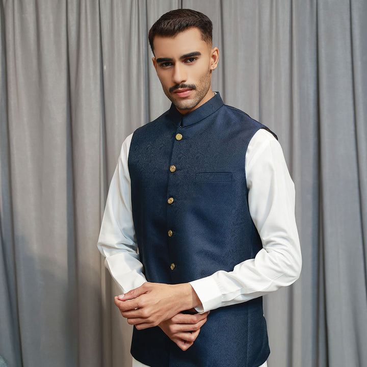 Classic Jamawar Blue Traditonal Waistcoat