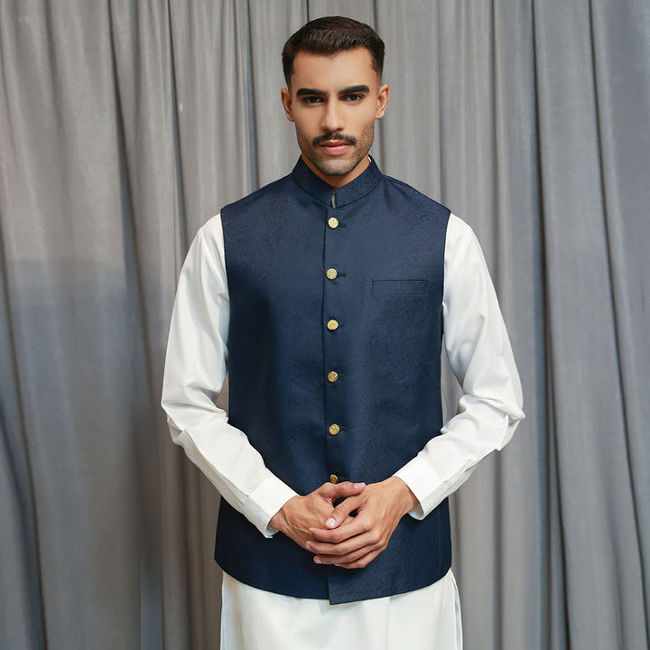 Classic Jamawar Blue Traditonal Waistcoat