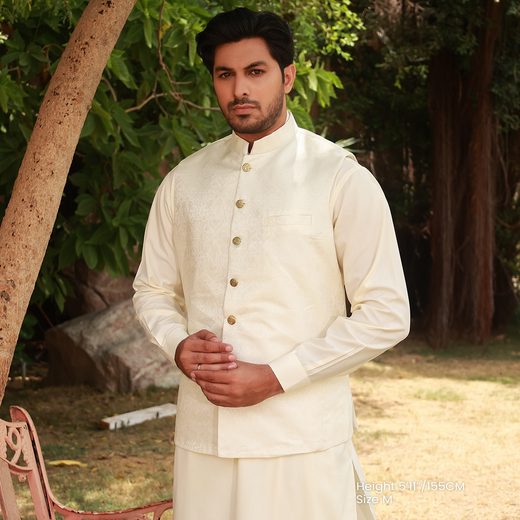 Classic Jamawar Cream Traditonal Waistcoat