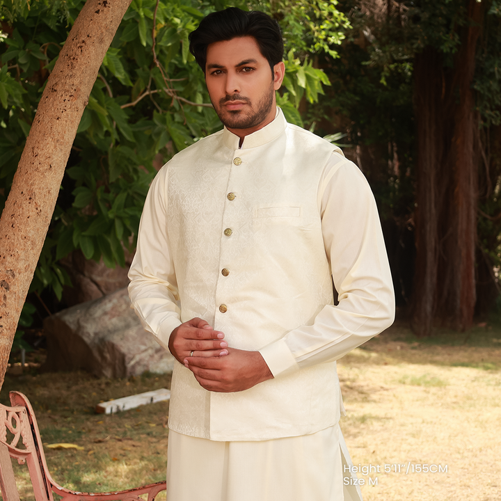 Classic Jamawar Cream Traditonal Waistcoat