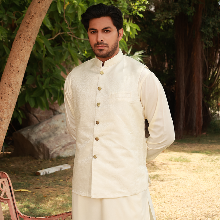 Classic Jamawar Cream Traditonal Waistcoat