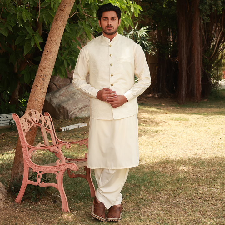 Classic Jamawar Cream Traditonal Waistcoat