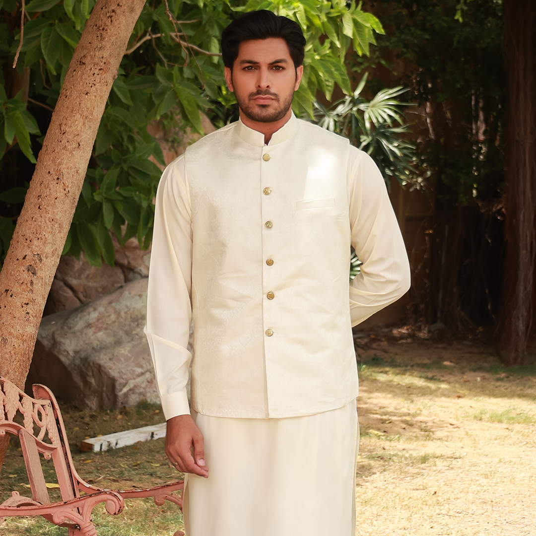 Classic Jamawar Cream Traditonal Waistcoat
