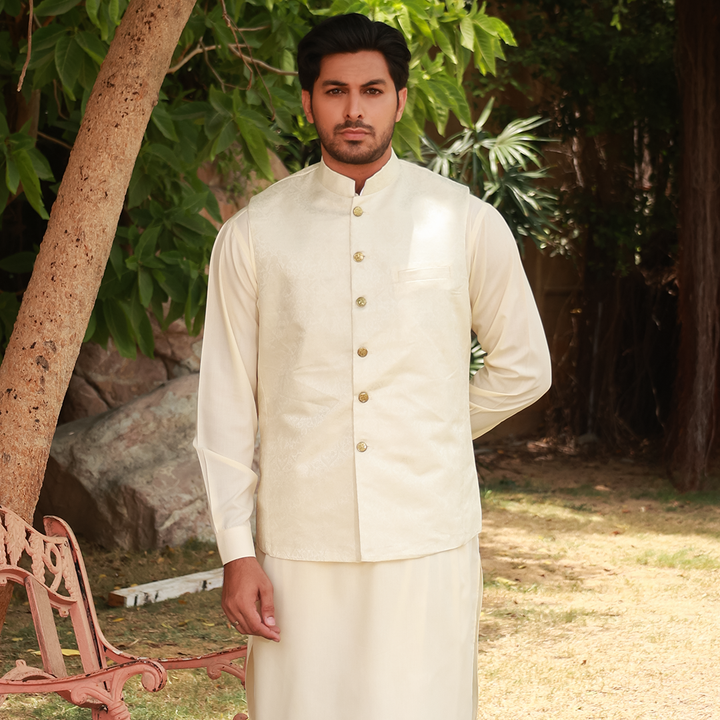 Classic Jamawar Cream Traditonal Waistcoat
