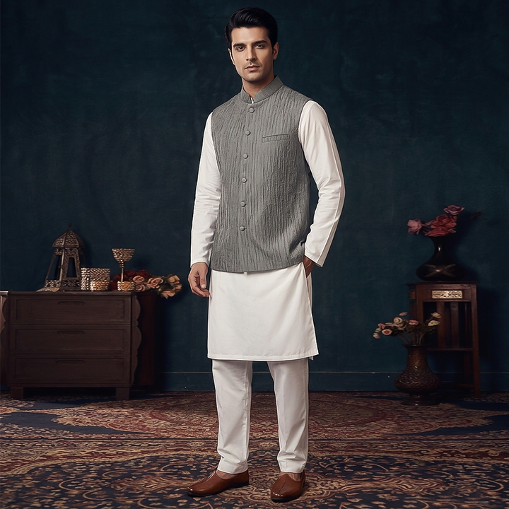 Classic Jamawar Grey Traditional Waistcoat