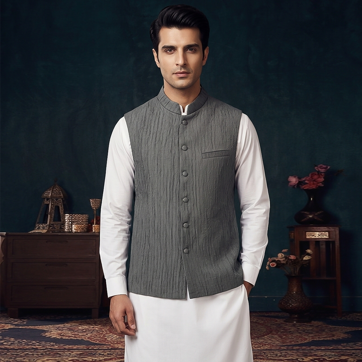 Classic Jamawar Grey Traditional Waistcoat
