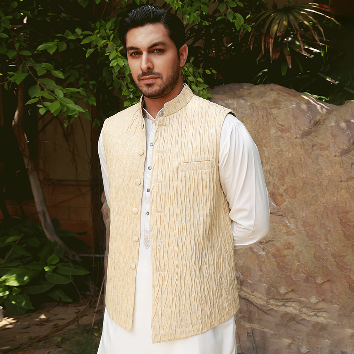 Classic Jamawar Light Gold Traditional Waistcoat