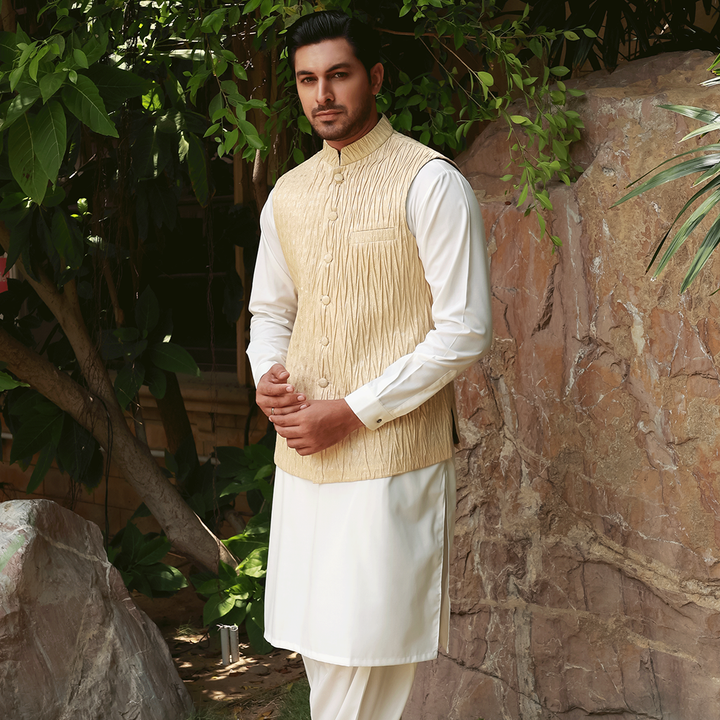 Classic Jamawar Light Gold Traditional Waistcoat