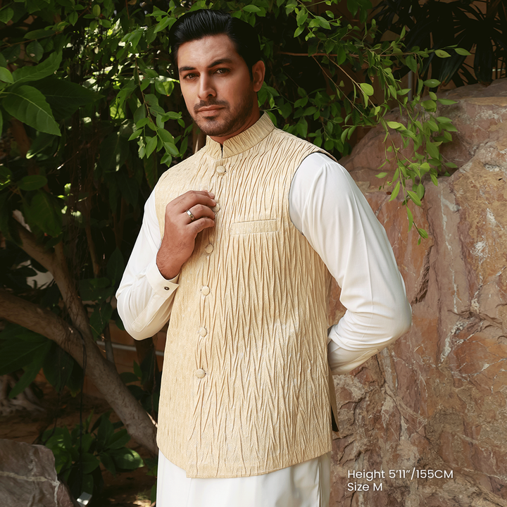 Classic Jamawar Light Gold Traditional Waistcoat