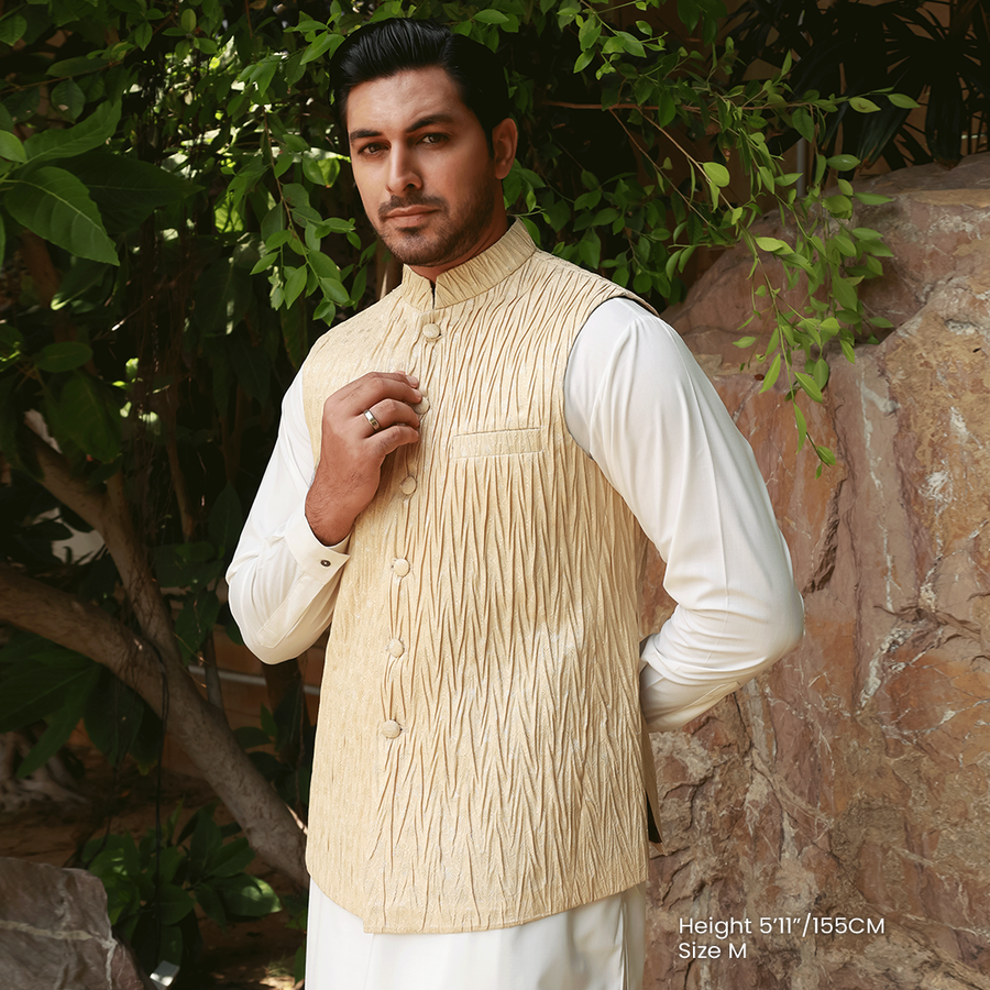 Crushed Jamawar Light Gold Traditional Waistcoat