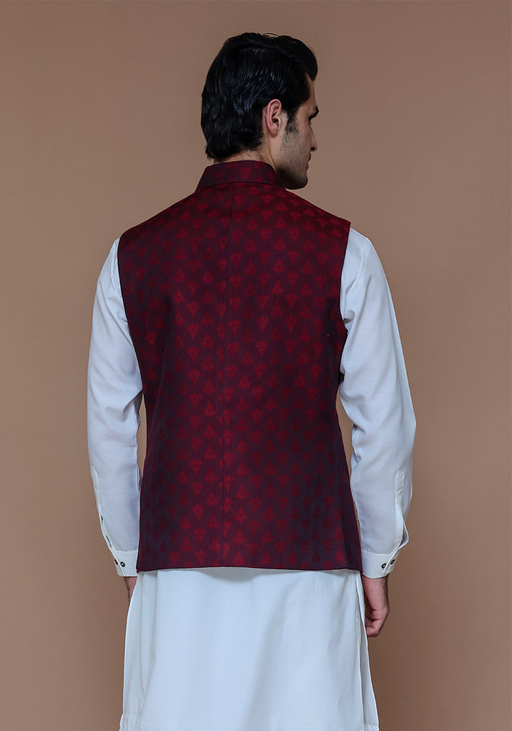 Jamawar Maroon Traditional Waistcoat