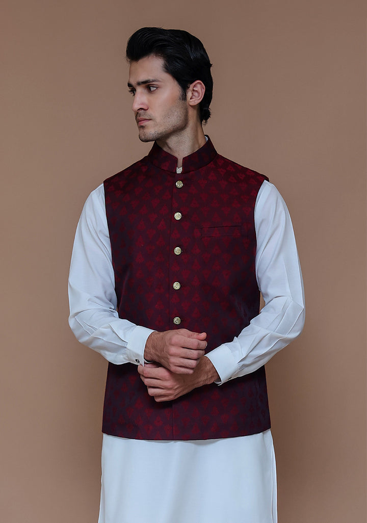 Jamawar Maroon Traditional Waistcoat