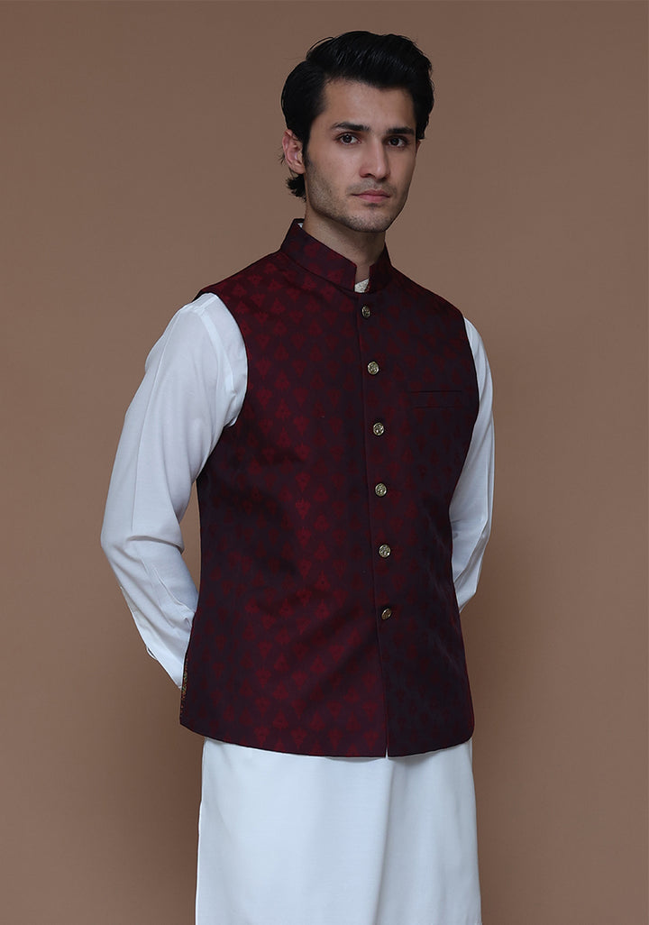 Jamawar Maroon Traditional Waistcoat
