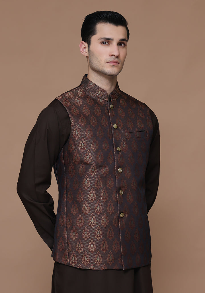Jamawar Maroon Traditional Waistcoat