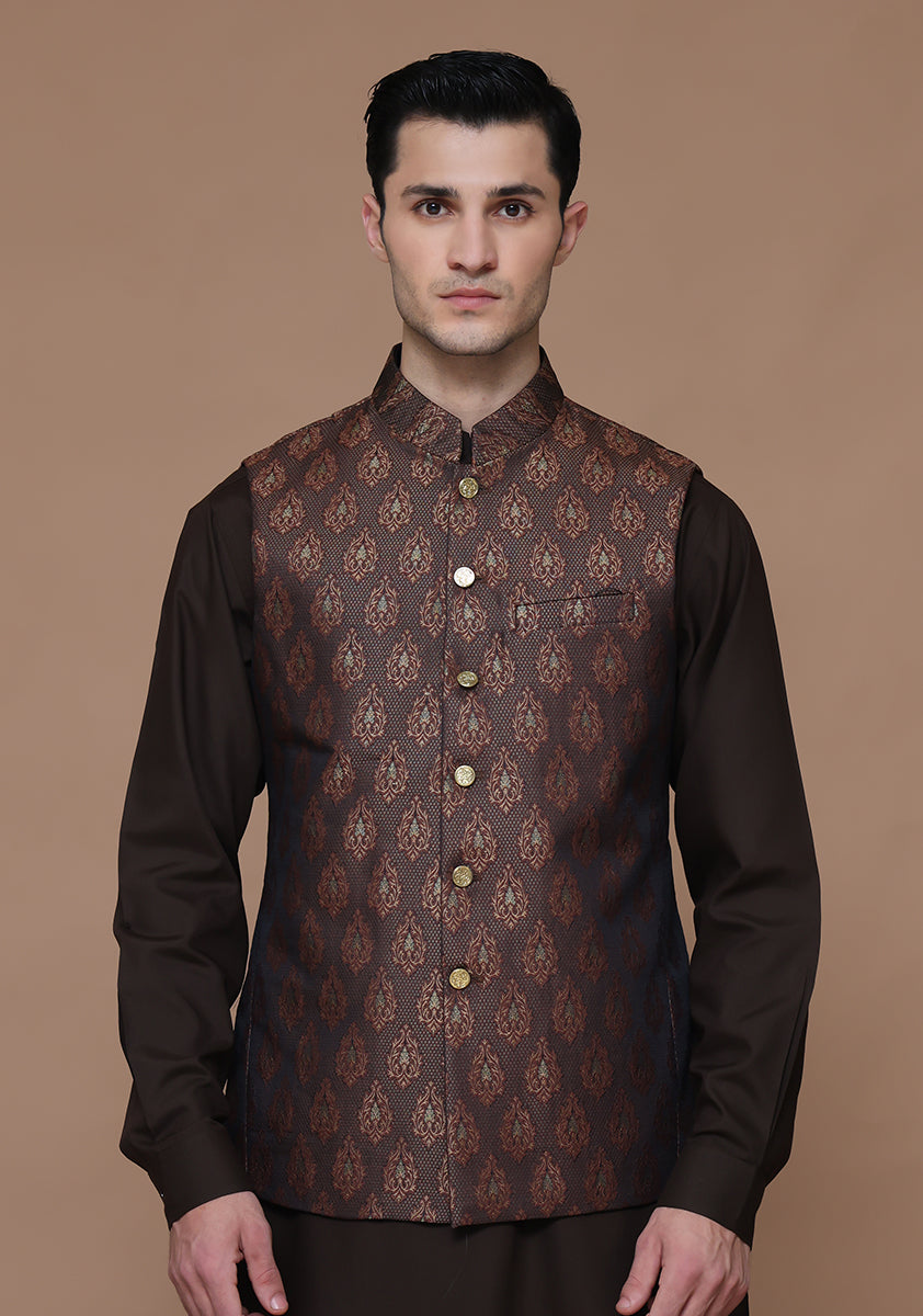 Jamawar Maroon Traditional Waistcoat