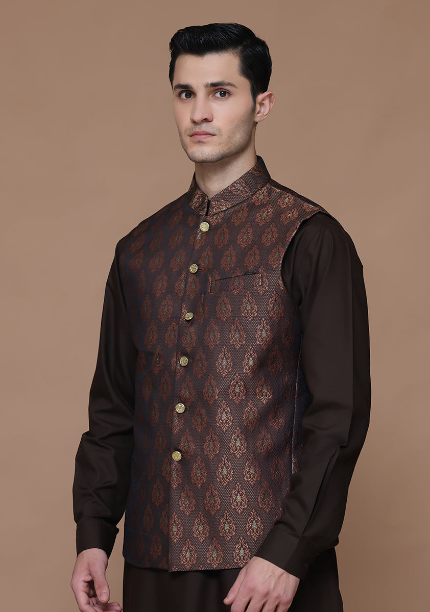 Jamawar Maroon Traditional Waistcoat