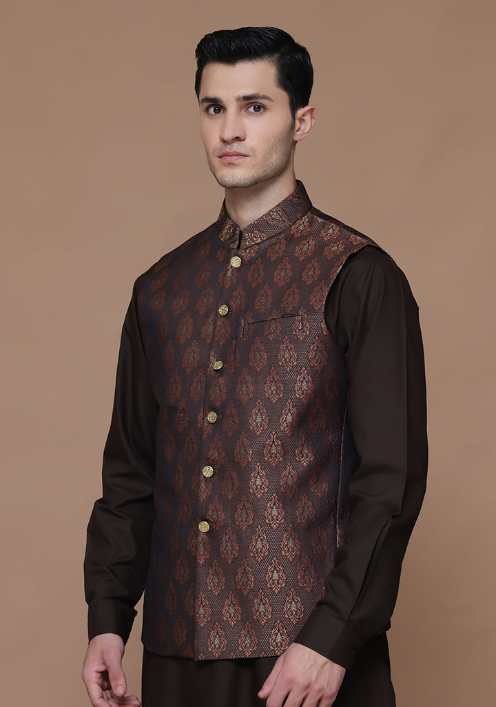 Jamawar Maroon Traditional Waistcoat