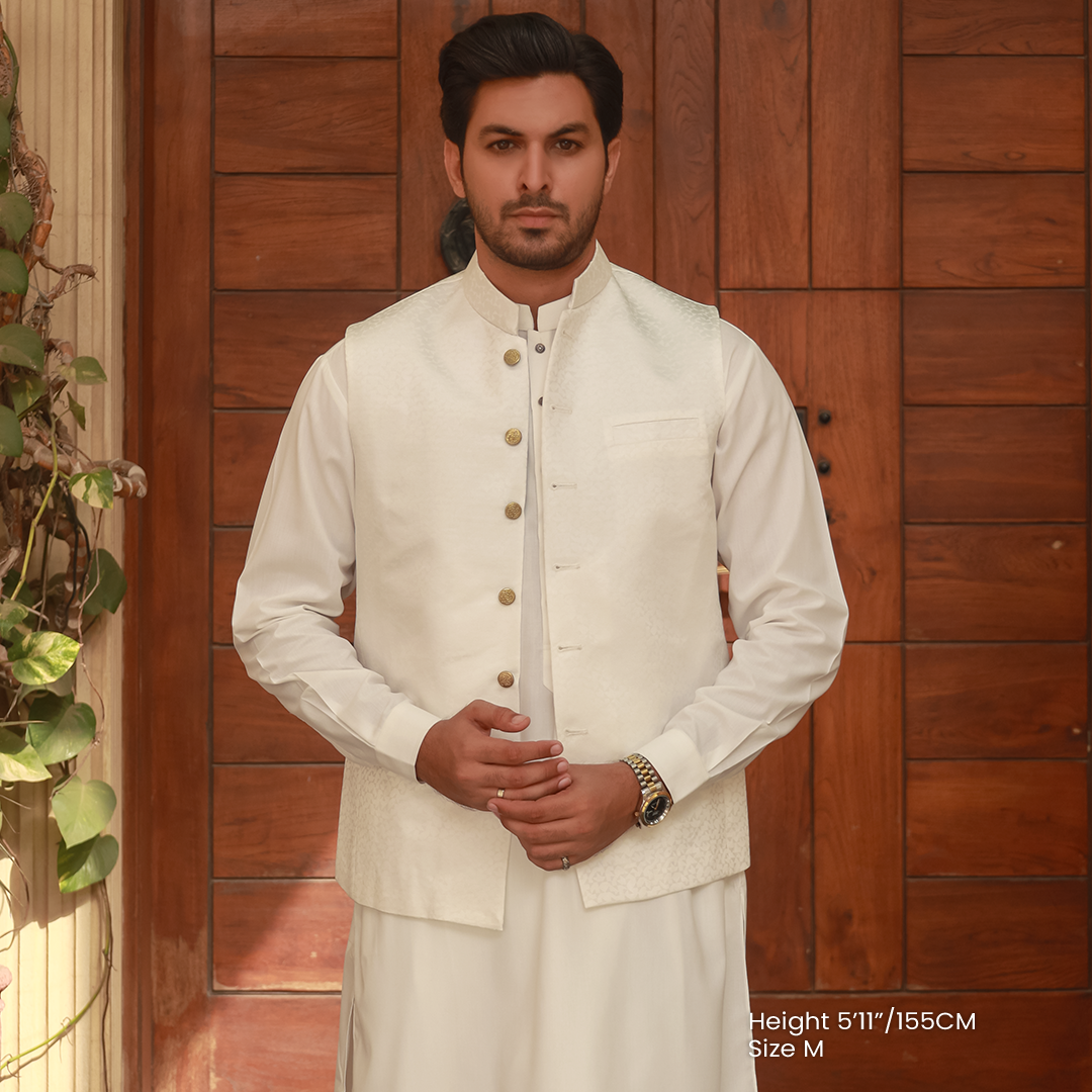 Classic Jamawar White Traditonal Waistcoat