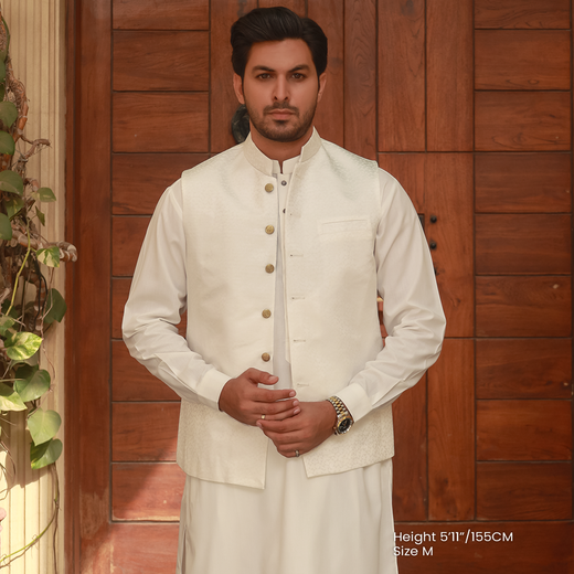 Classic Jamawar White Traditonal Waistcoat