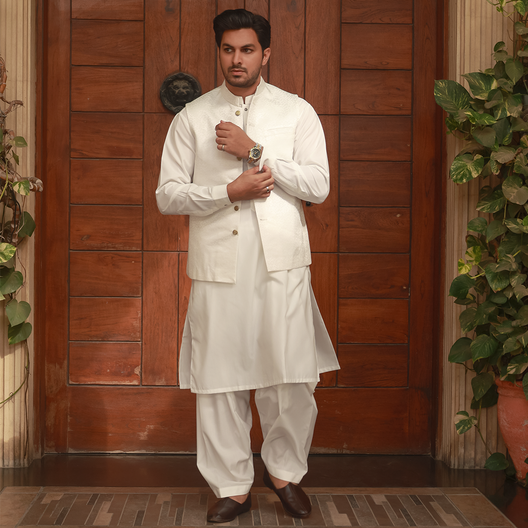 Classic Jamawar White Traditonal Waistcoat