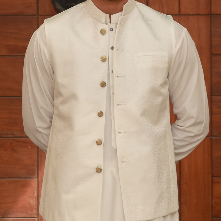 Classic Jamawar White Traditonal Waistcoat