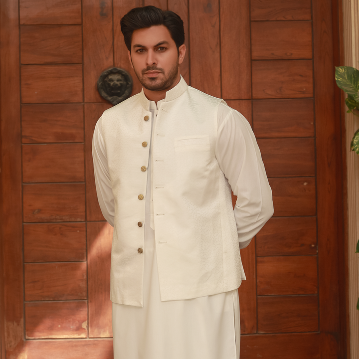 Classic Jamawar White Traditonal Waistcoat