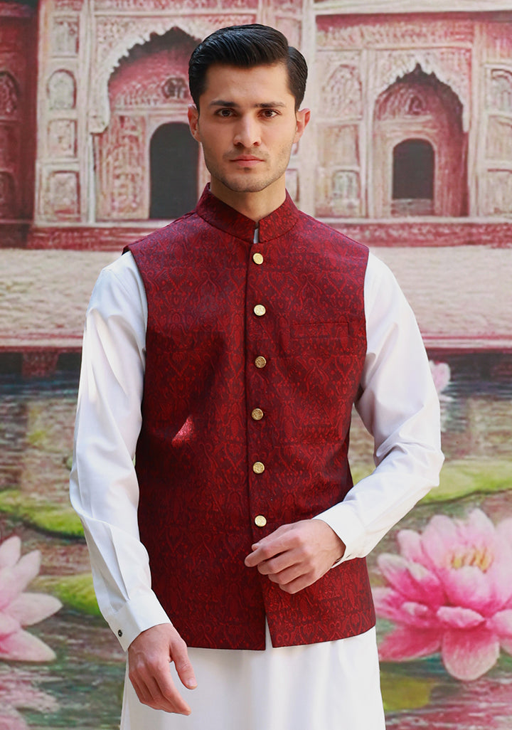 Karandi Jamawar Haute Red Traditional Waistcoat