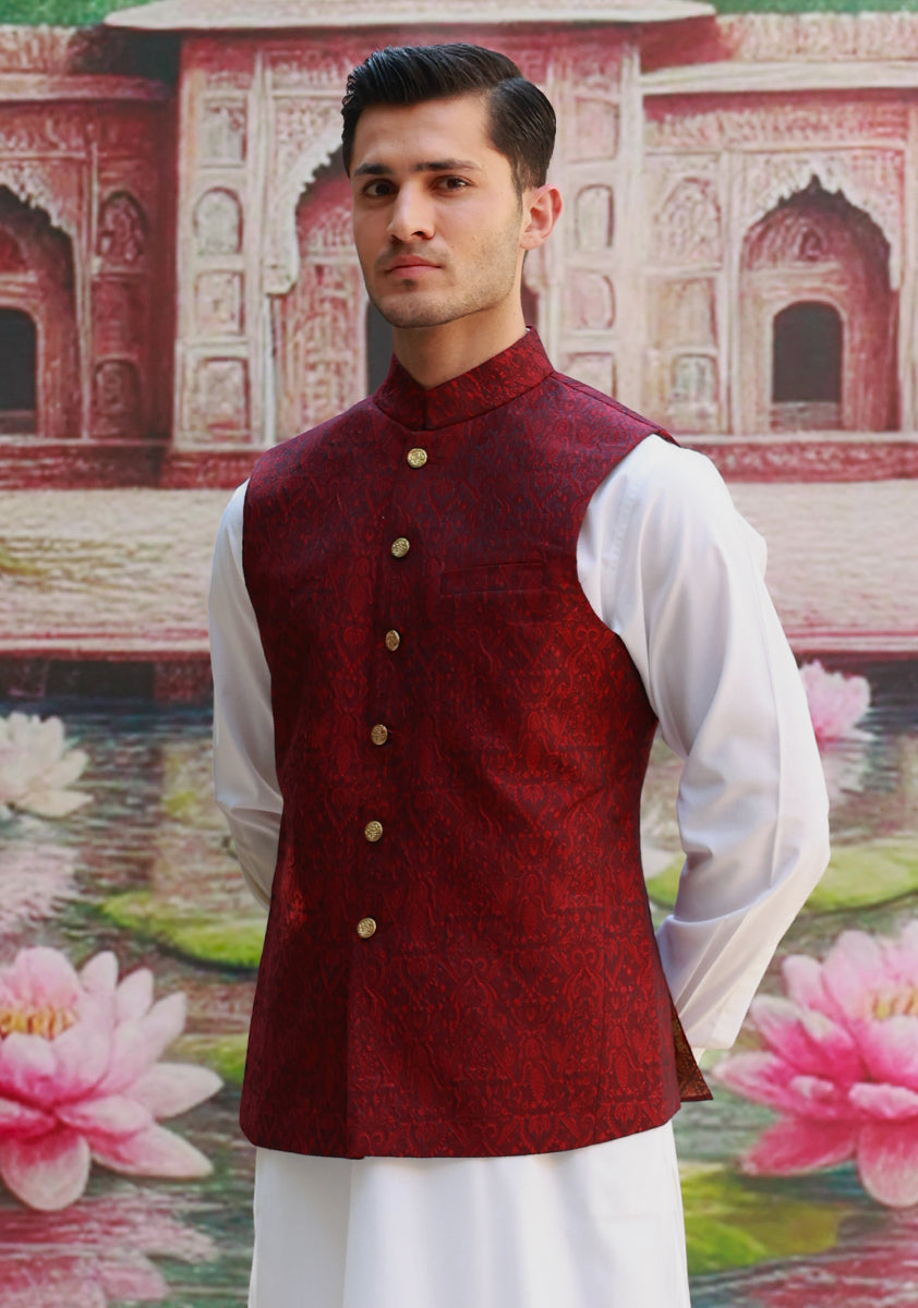 Karandi Jamawar Haute Red Traditional Waistcoat