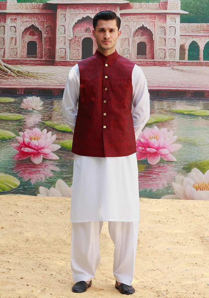 Karandi Jamawar Haute Red Traditional Waistcoat