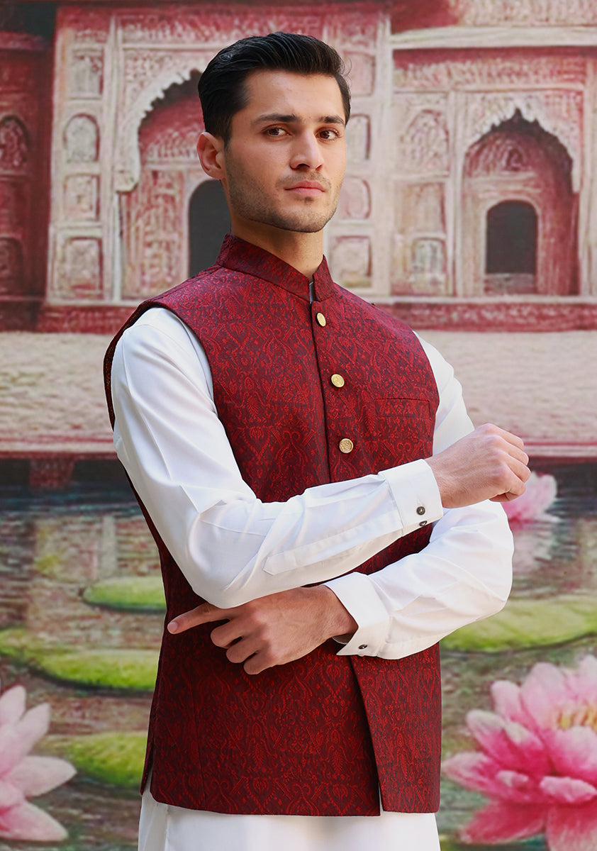Karandi Jamawar Haute Red Traditional Waistcoat