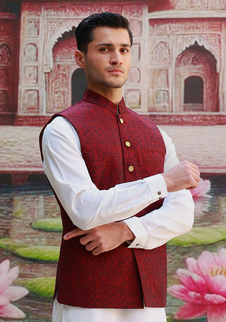 Karandi Jamawar Haute Red Traditional Waistcoat
