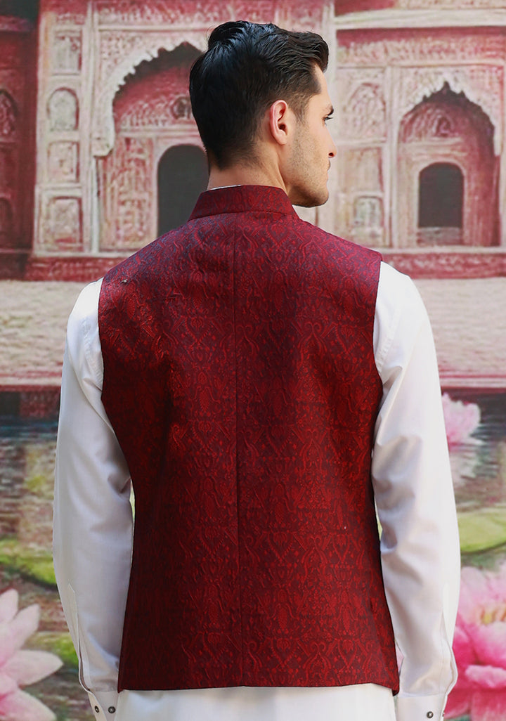 Karandi Jamawar Haute Red Traditional Waistcoat
