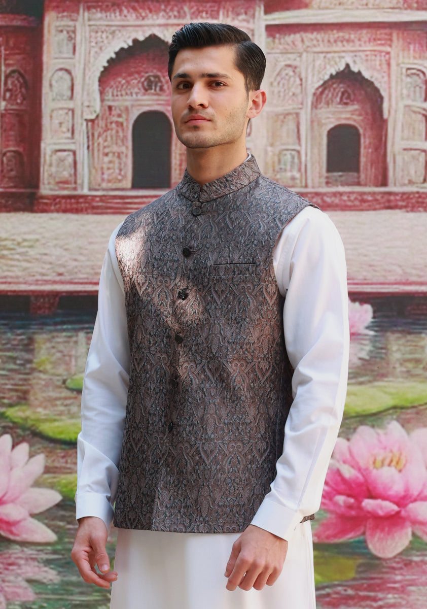 Karandi Jamawar Shadow Gray  Traditional Waistcoat