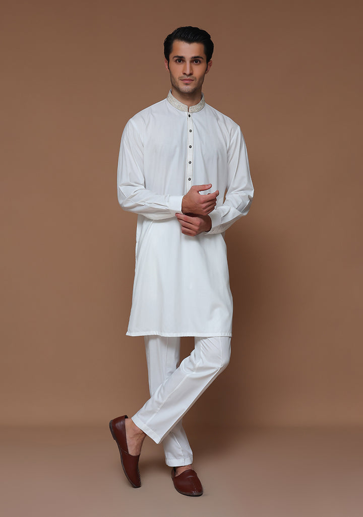 Poly Viscose Cloud Dancer Slim Fit Embroidered Suit