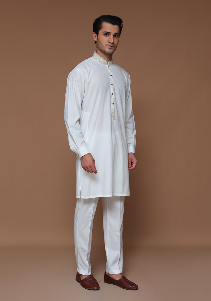 Poly Viscose Cloud Dancer Slim Fit Embroidered Suit
