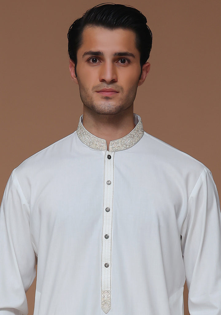 Poly Viscose Cloud Dancer Slim Fit Embroidered Suit