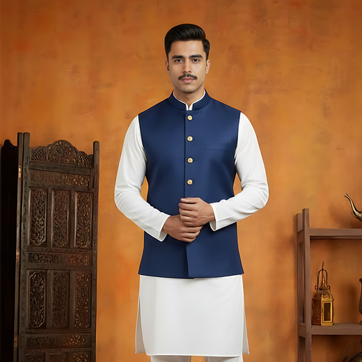 Satin Silk Deep Navy Blue Traditional Waistcoat