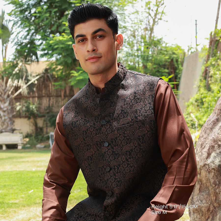 Classic Viscose Jamawar Brown Waistcoat