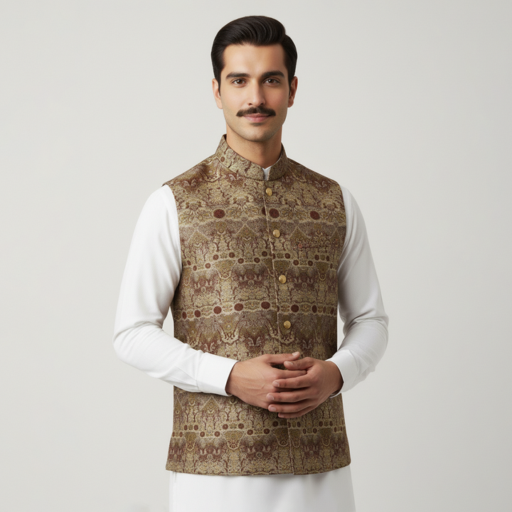 Classic Viscose Jamawar Brown Waistcoat