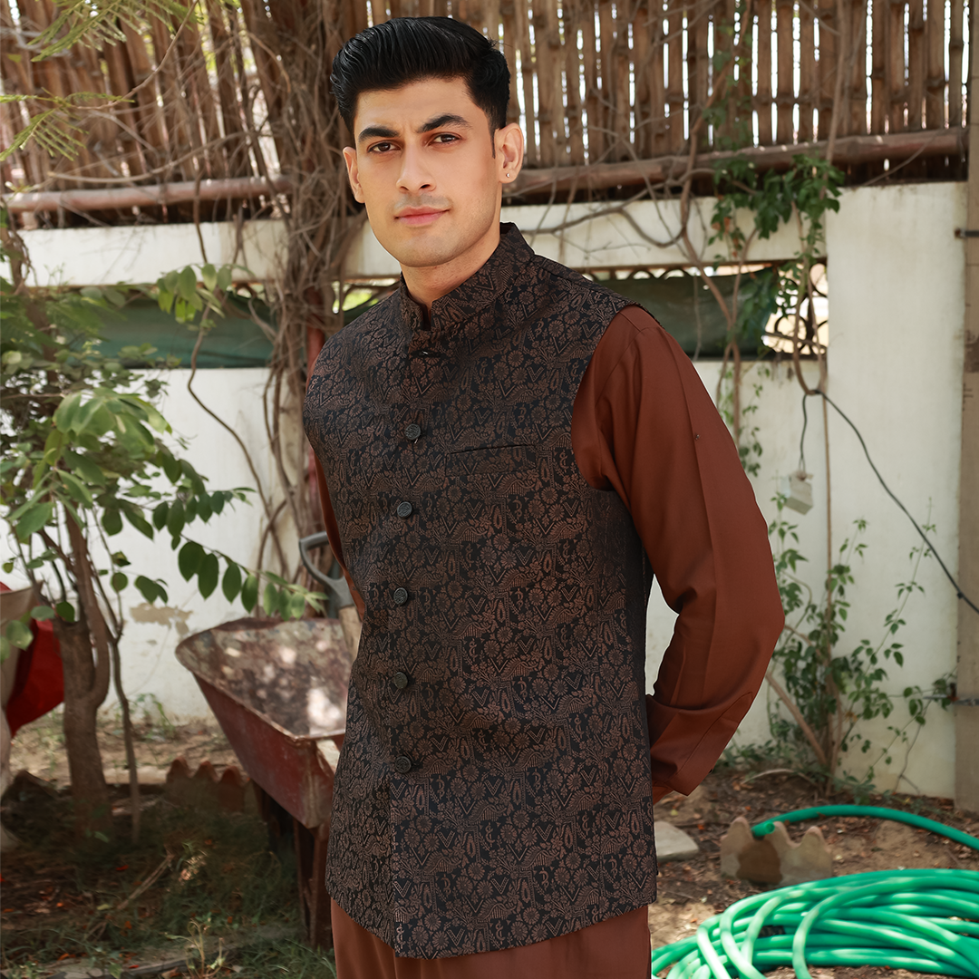 Classic Viscose Jamawar Brown Waistcoat