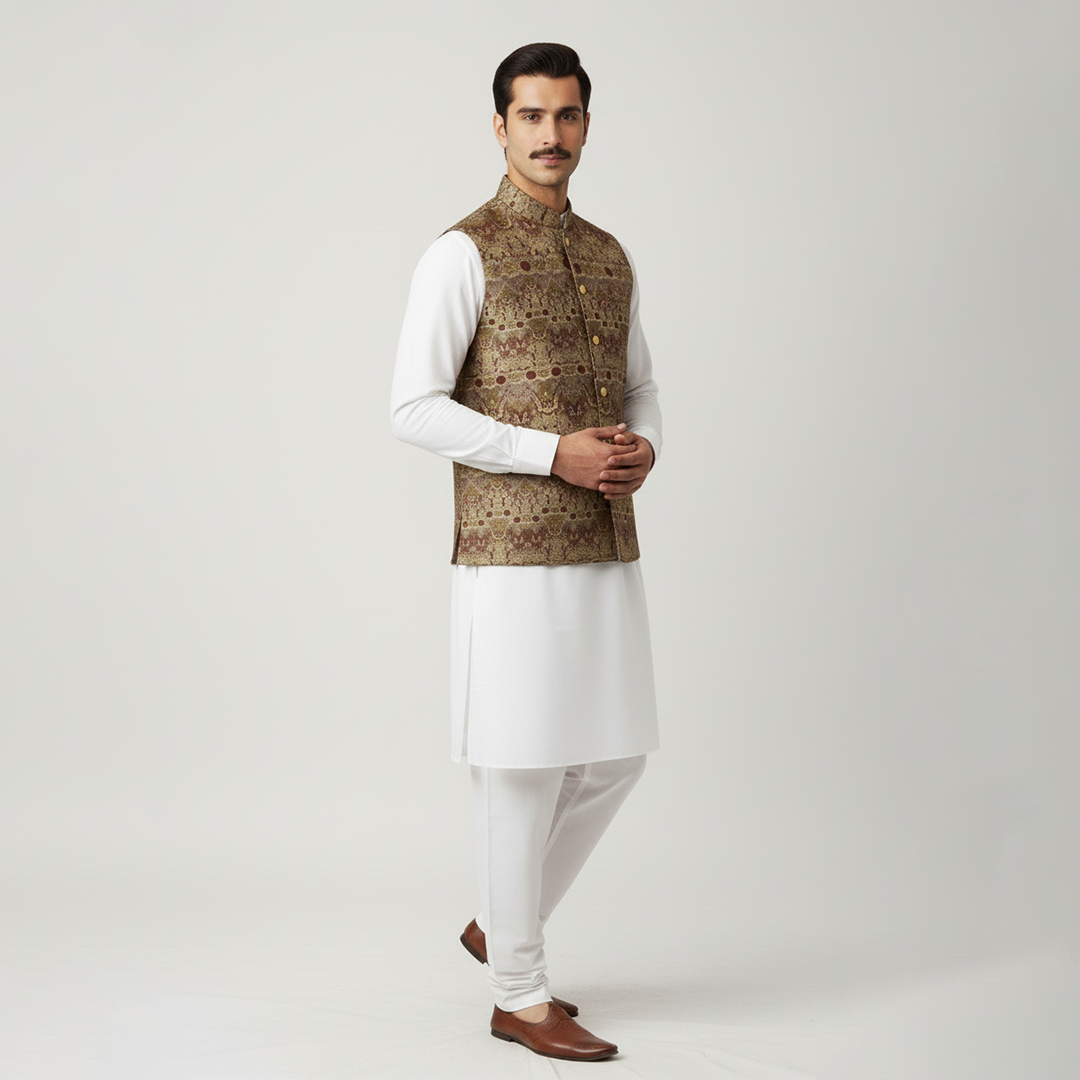Classic Viscose Jamawar Brown Waistcoat