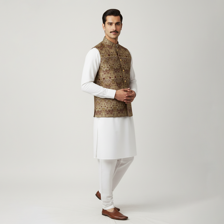 Classic Viscose Jamawar Brown Waistcoat