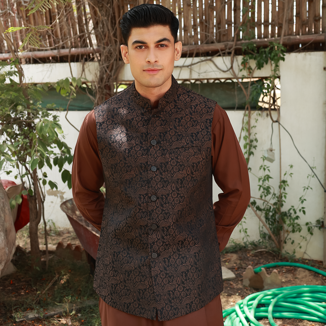 Classic Viscose Jamawar Brown Waistcoat