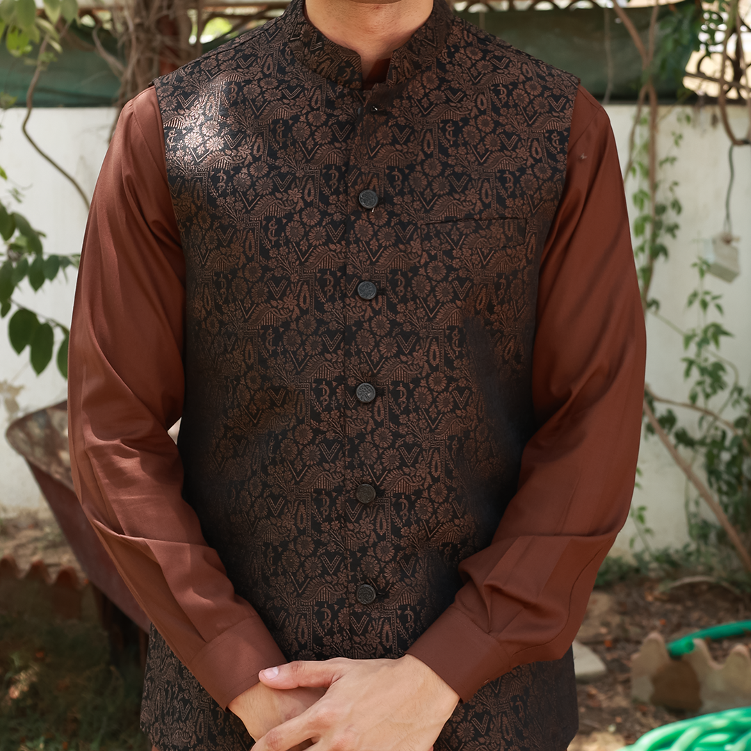 Classic Viscose Jamawar Brown Waistcoat