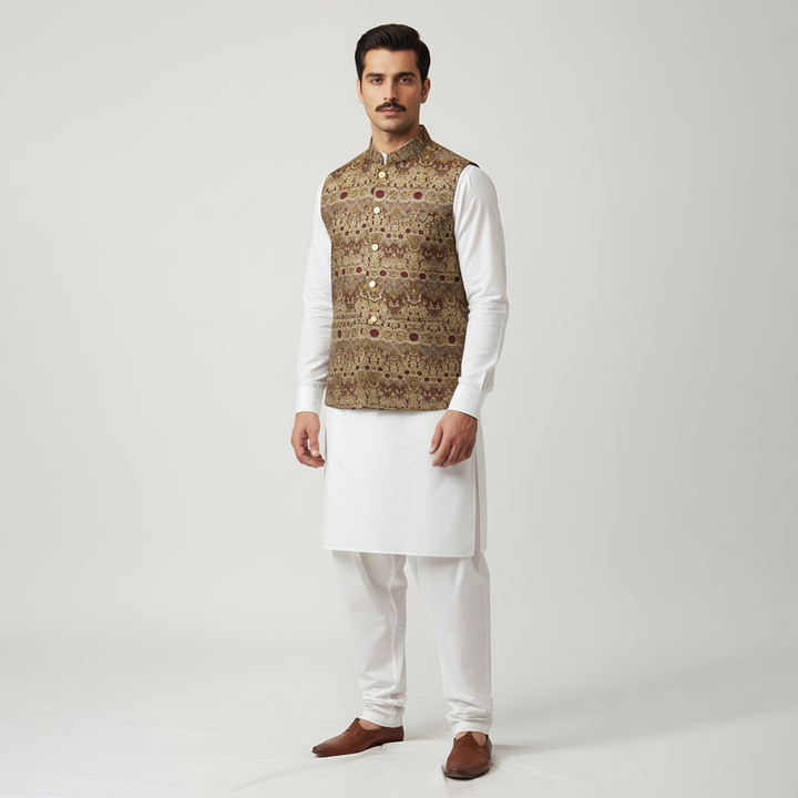 Classic Viscose Jamawar Maroon Waistcoat