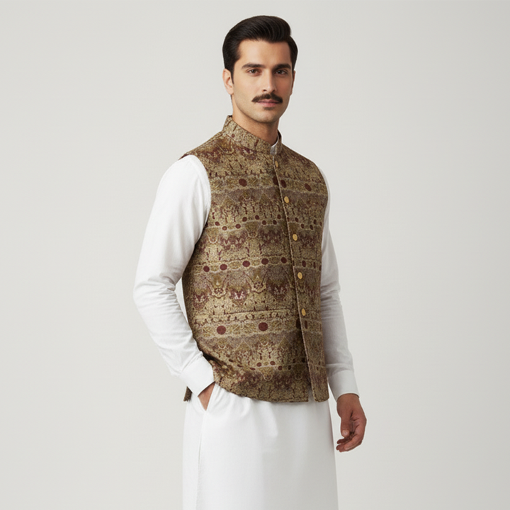 Classic Viscose Jamawar Maroon Waistcoat