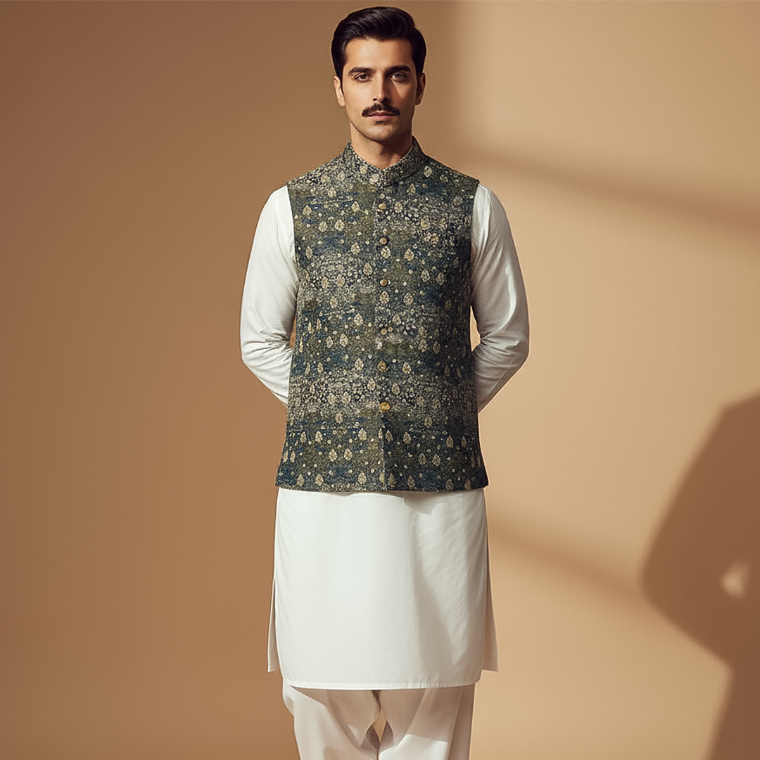 Classic Viscose Jamawar Teal Waistcoat