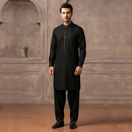 Classic Fit Emb Band Collar Kameez Shalwar