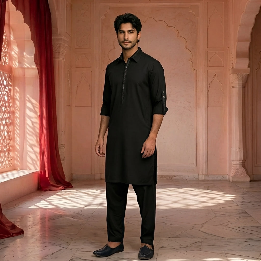 Classic Fit Emb Shirt Collar Kameez Shalwar